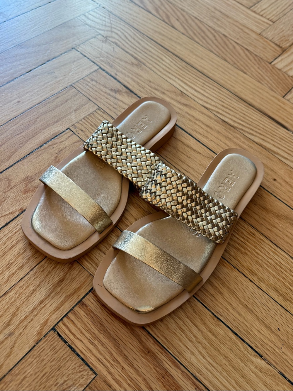 AEROSOLES Metallic Gold Braided Slide Sandals